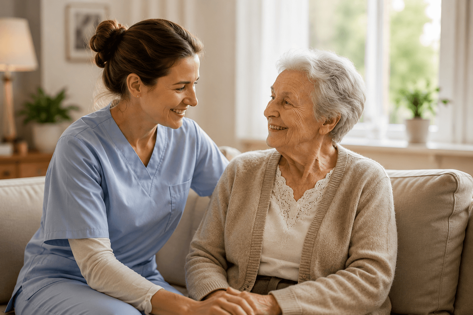 Live-in-Betreuungskraft im Gespräch mit einer Seniorin bei der 24-Stunden-Betreuung zu Hause